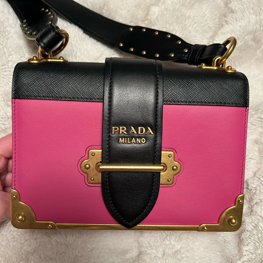 PRADA🩷City Calfskin saffiano cahier fuxia black bag💥sale!!!🔥 - Picture 2 of 13